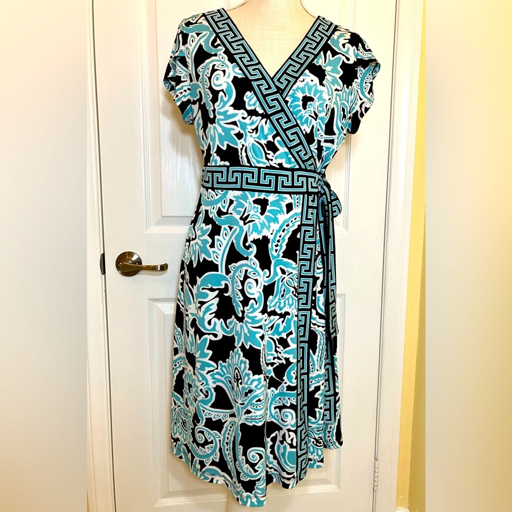 Turquoise and black patterned faux wrap dress, Apt 9 size Large